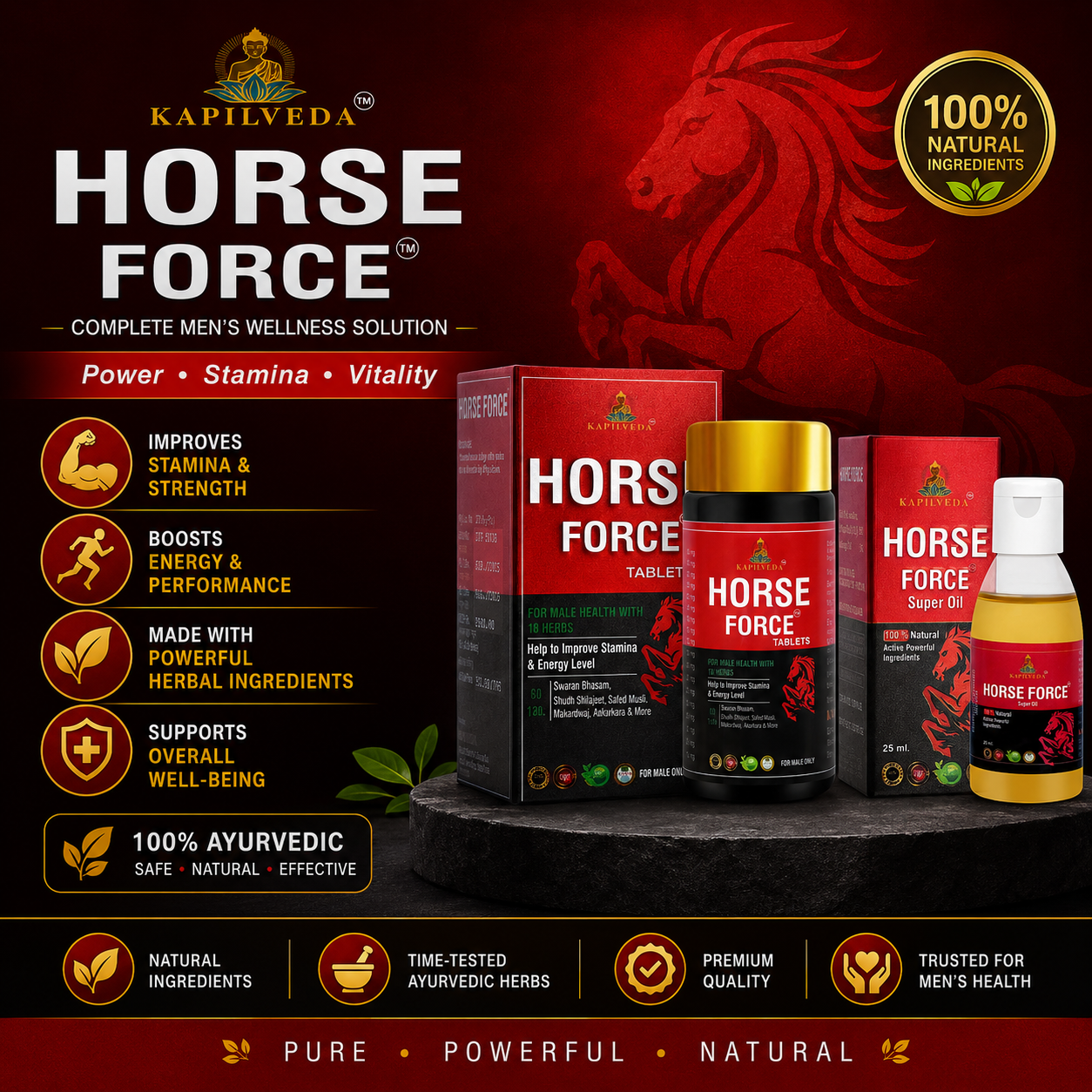 Kapilveda Horse Force Stamina Combo (1 Tablets Bottle + 1 Super Oil FREE) - 100% Ayurvedic Men's Wellness Kit
