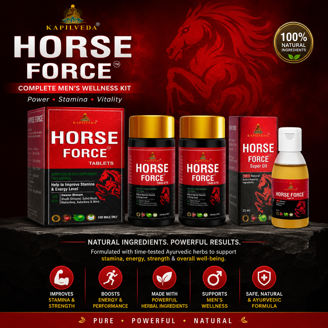 Kapilveda Horse Force Combo Pack (2 Tablets Bottles + 1 Super Oil FREE) - Complete Men's Health & Stamina Kit