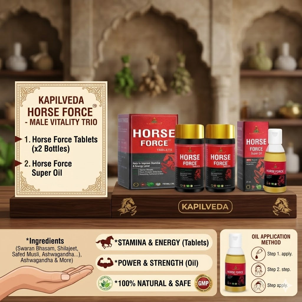 Kapilveda Horse Force Combo Pack (2 Tablets Bottles + 1 Super Oil FREE) - Complete Men's Health & Stamina Kit