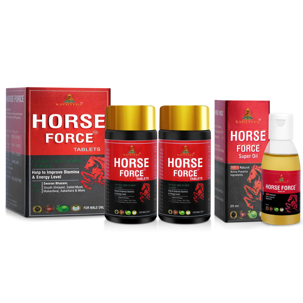 Kapilveda Horse Force Combo Pack (2 Tablets Bottles + 1 Super Oil FREE) - Complete Men's Health & Stamina Kit
