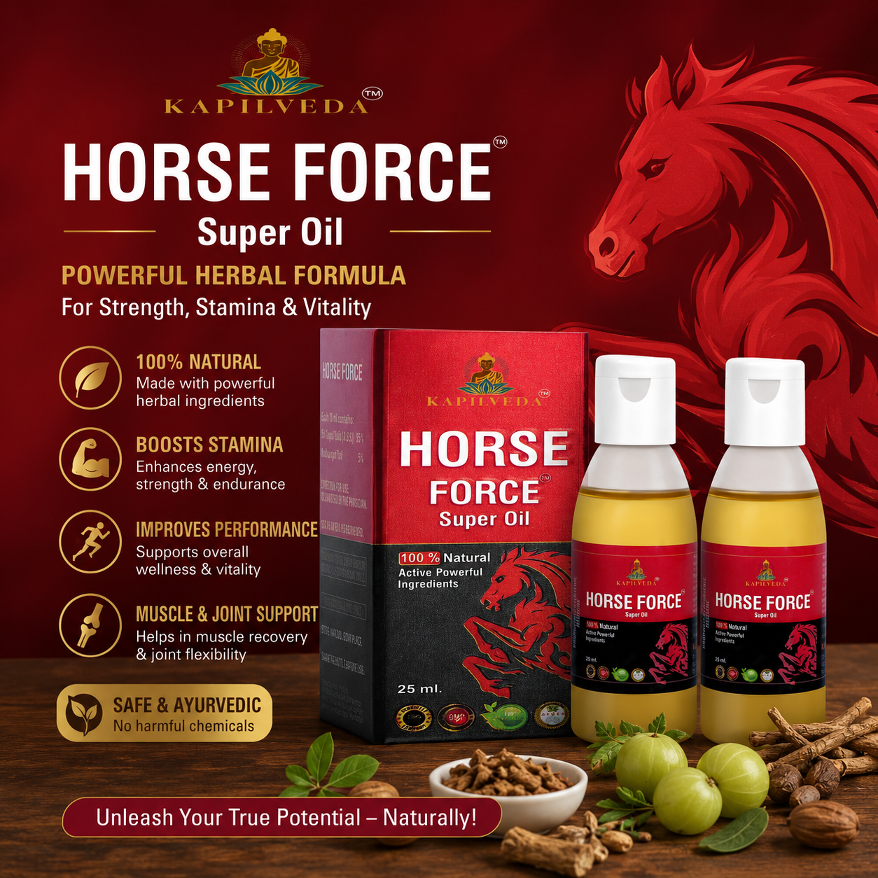 Kapilveda Horse Force Super Oil for Men (25ml - Pack of 2) - 100% Natural Ayurvedic Massage Oil Combo