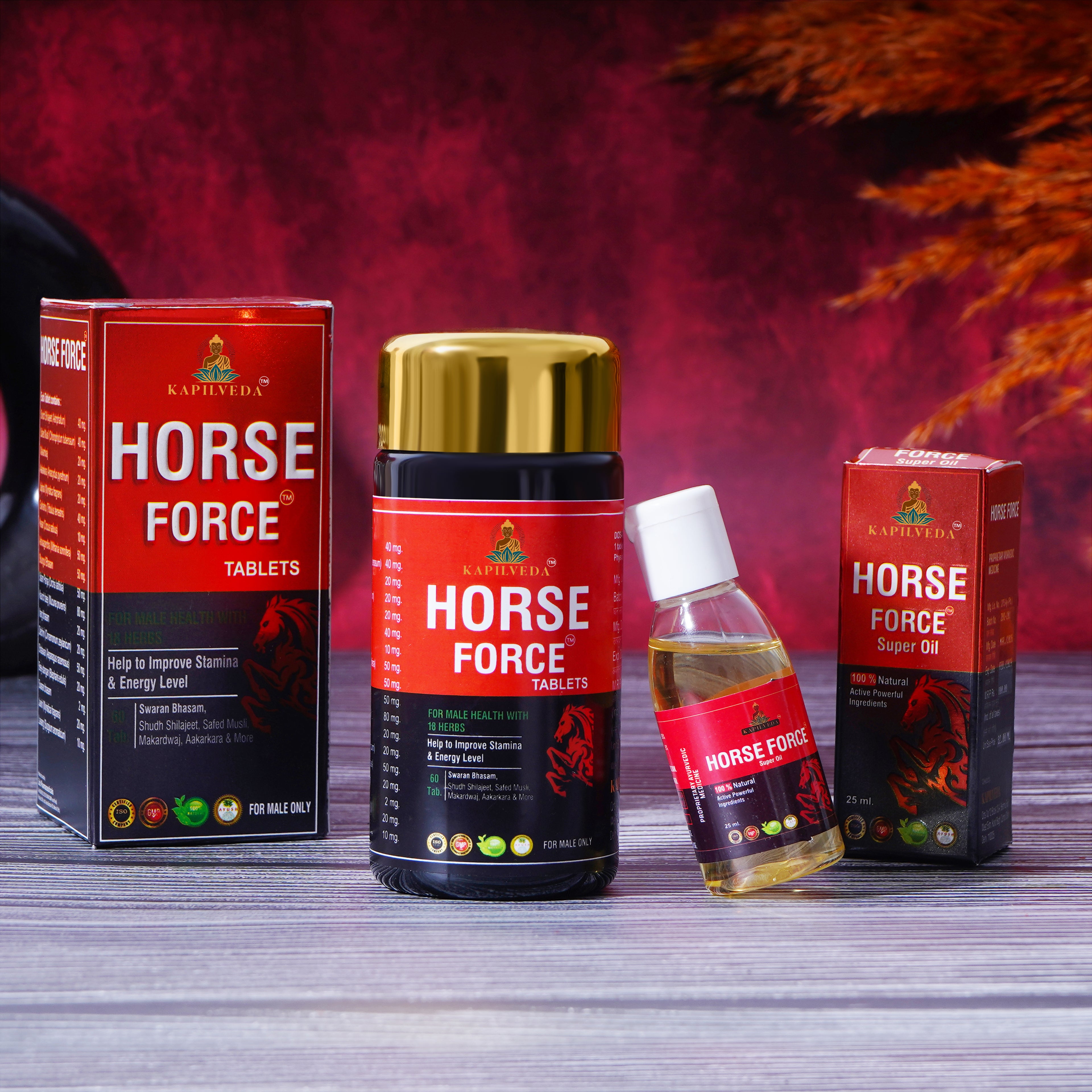 Kapilveda Horse Force Stamina Combo (1 Tablets Bottle + 1 Super Oil FREE) - 100% Ayurvedic Men's Wellness Kit