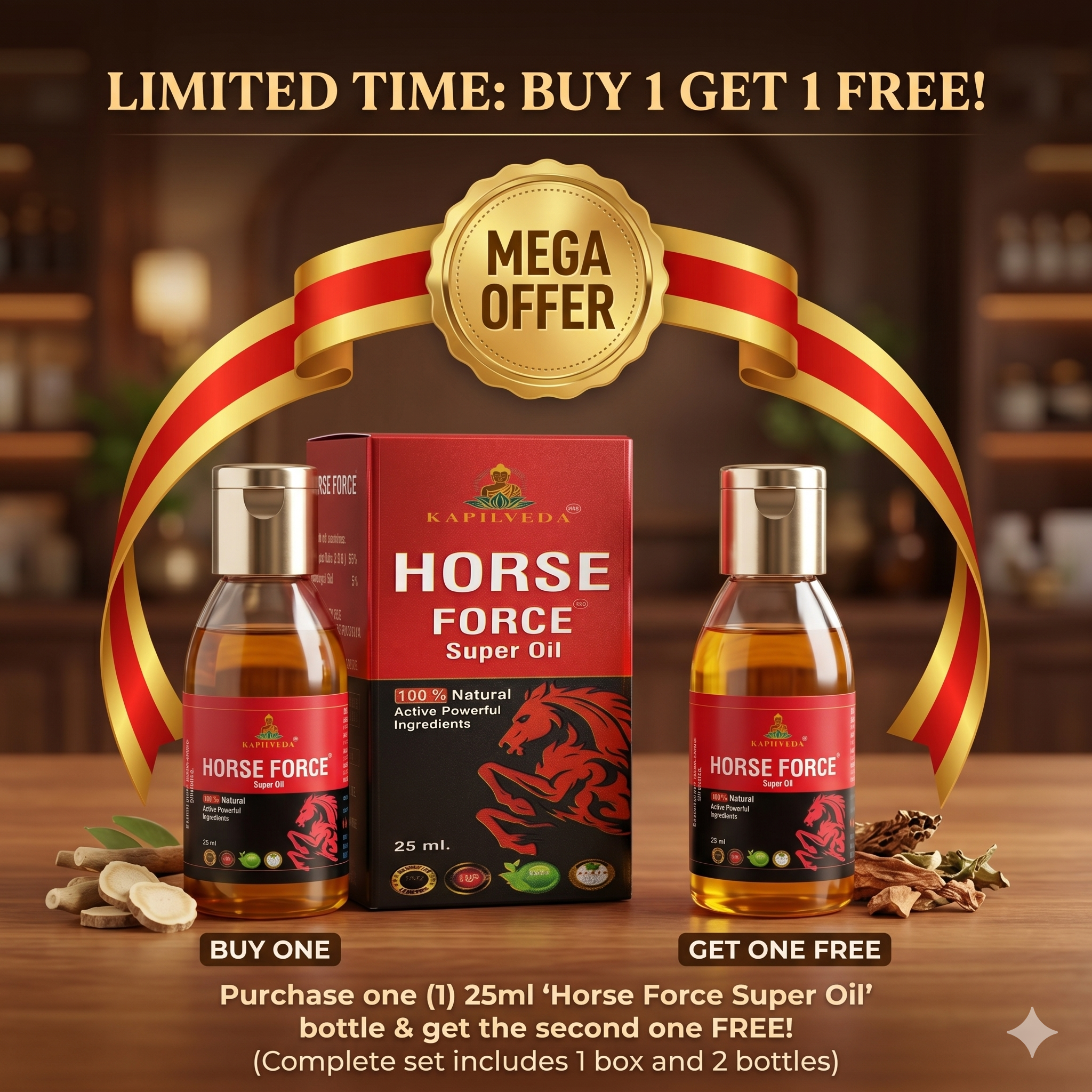 Kapilveda Horse Force Super Oil for Men (25ml - Pack of 2) - 100% Natural Ayurvedic Massage Oil Combo