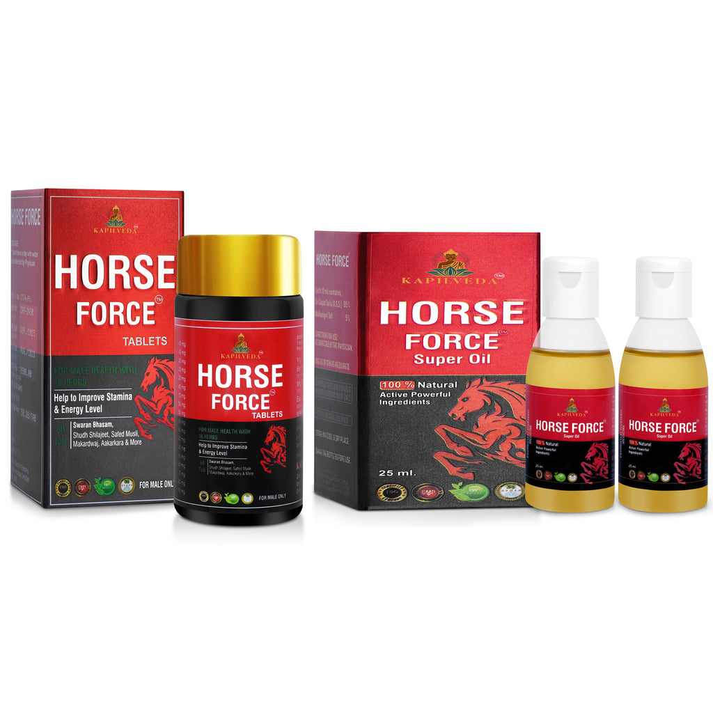 Kapilveda Horse Force Super Value Combo (1 Tablets Bottle + 2 Super Oils FREE) - Complete Men's Vitality & Massage Kit