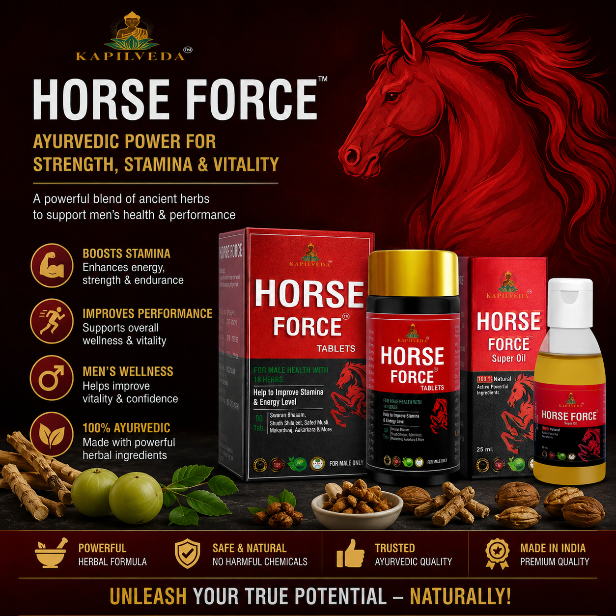 Kapilveda Horse Force Stamina Combo (1 Tablets Bottle + 1 Super Oil FREE) - 100% Ayurvedic Men's Wellness Kit