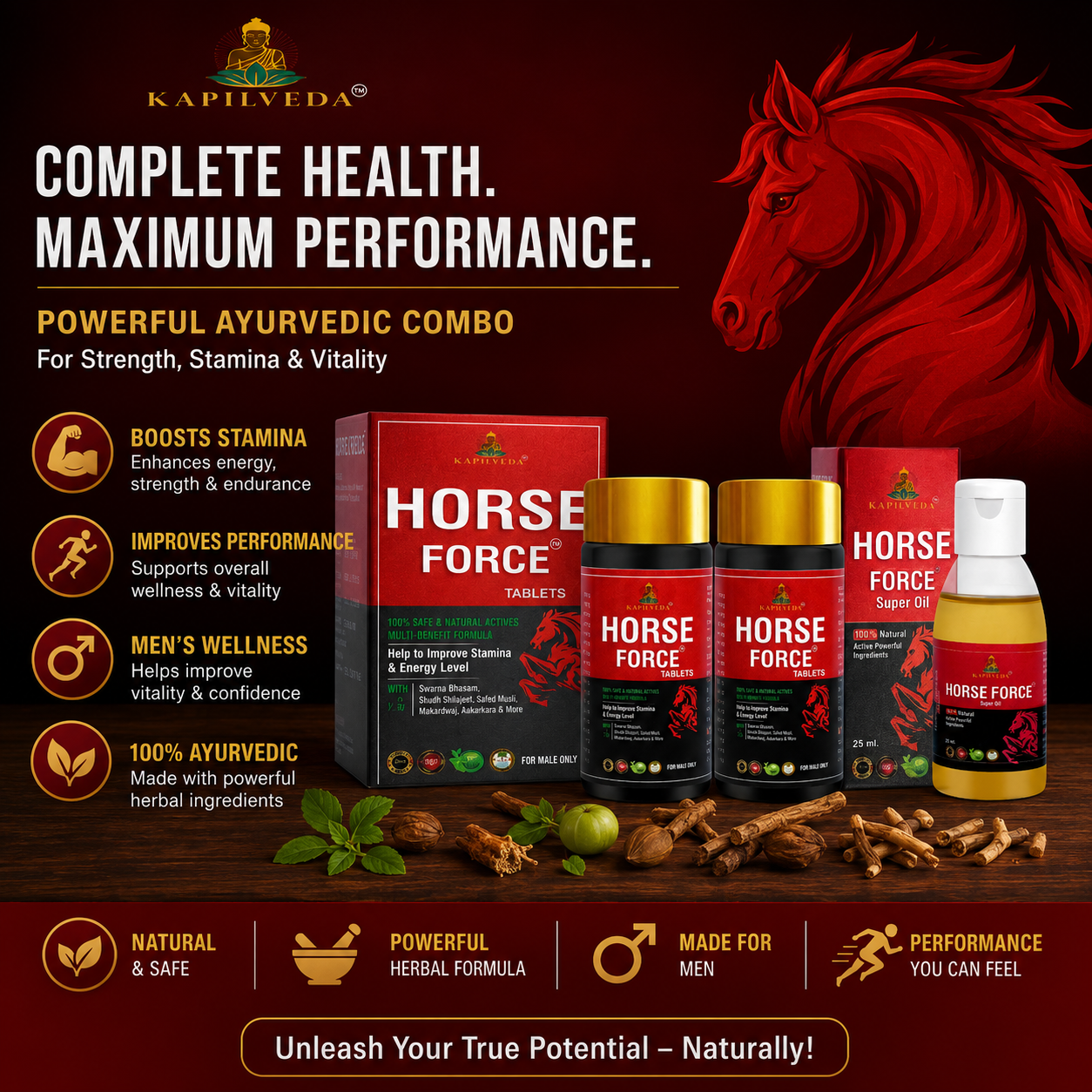 Kapilveda Horse Force Combo Pack (2 Tablets Bottles + 1 Super Oil FREE) - Complete Men's Health & Stamina Kit