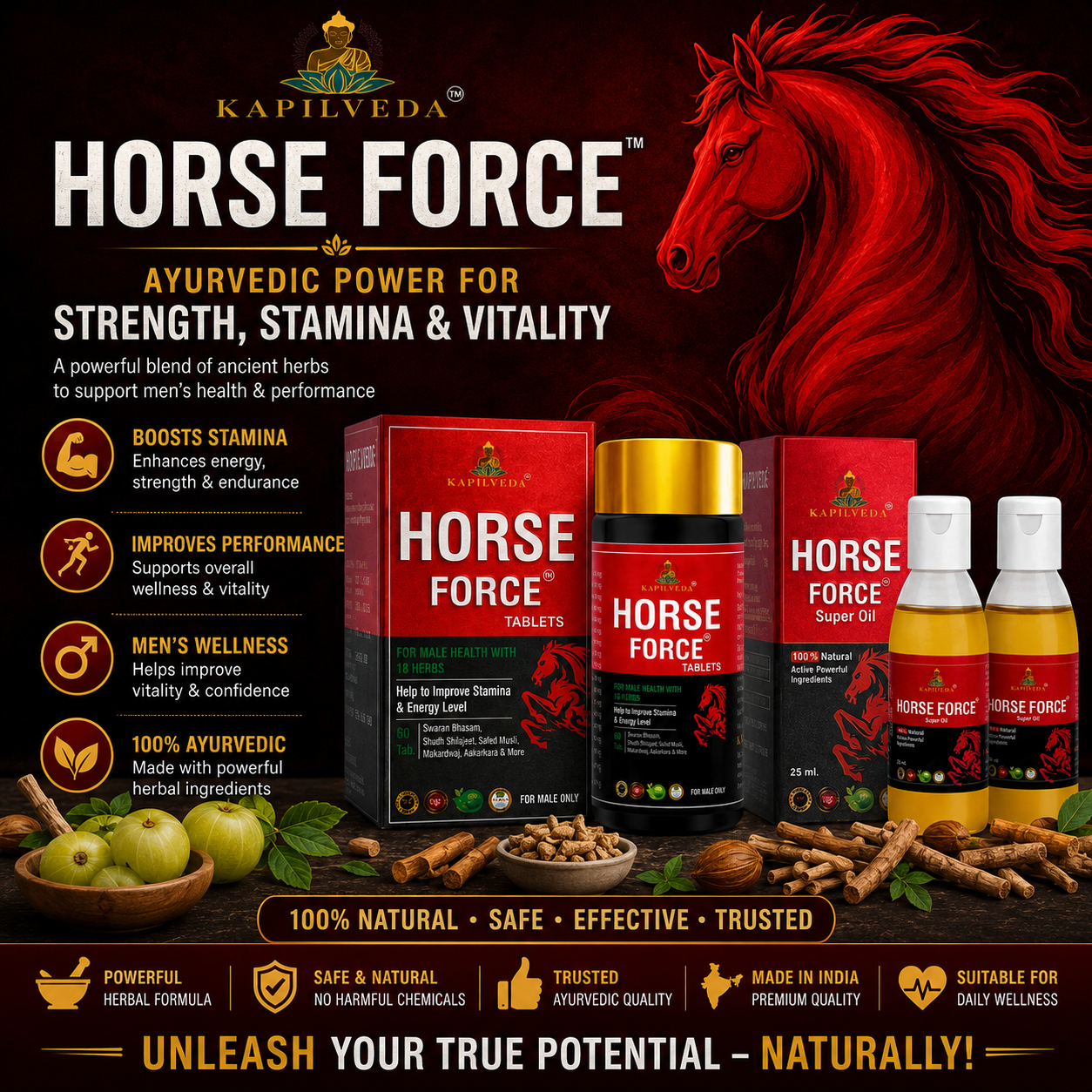 Kapilveda Horse Force Super Value Combo (1 Tablets Bottle + 2 Super Oils FREE) - Complete Men's Vitality & Massage Kit